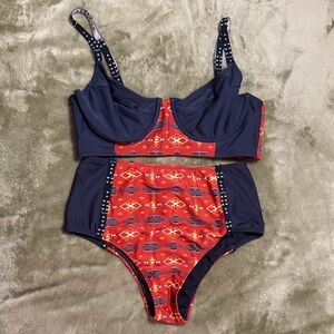 Roxy Red and Blue High Waist Bikini Set